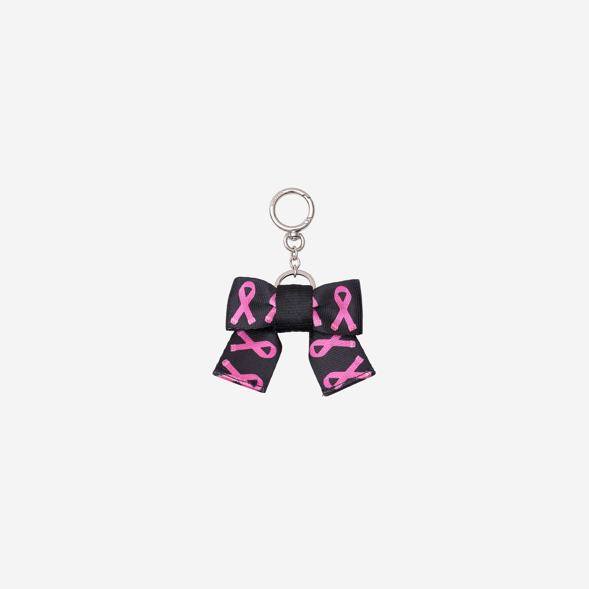 The front view of The Pink Agenda Pink Ribbon Bow Key Charm