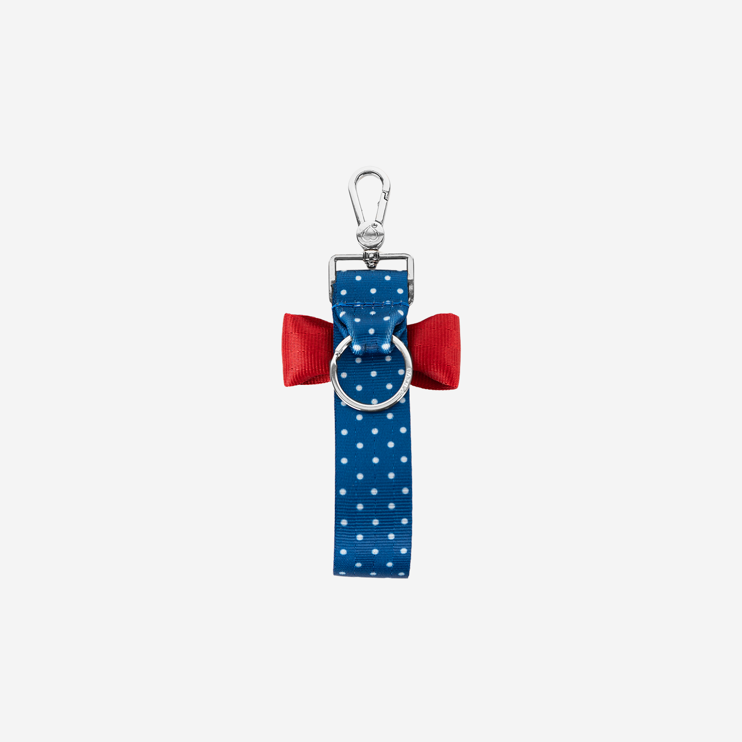 The back view of a Scarlet and Blue Dottie Bow Keychain