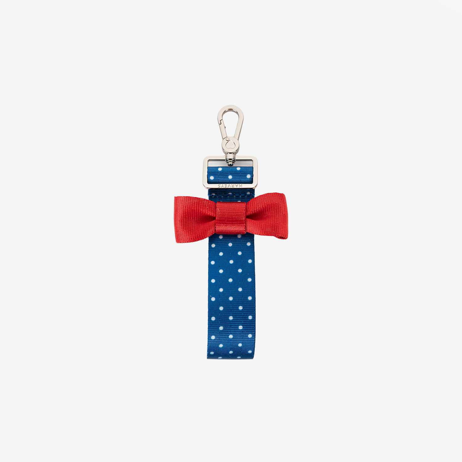 The front view of a Scarlet and Blue Dottie Bow Keychain