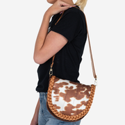 Model view of a Sophia Saddle Bag in Cowgirl being worn on the shoulder