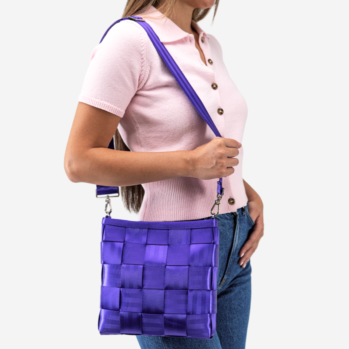 The Iris Mini Messenger being worn by a model