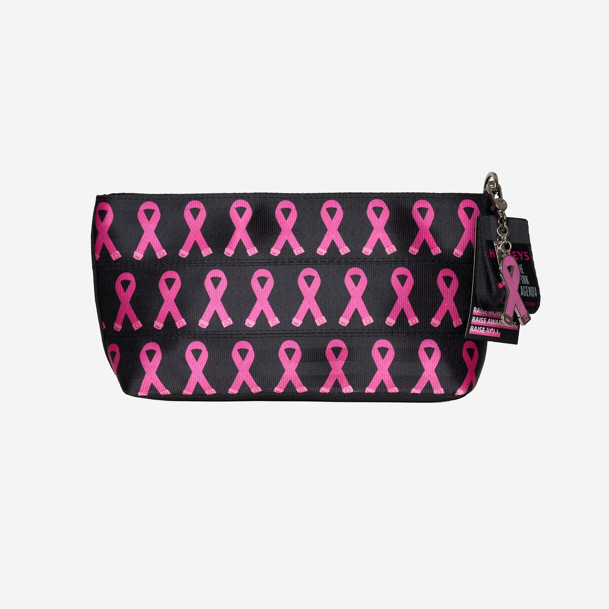 The front view of The Pink Agenda Pink Ribbon Large Makeup Case