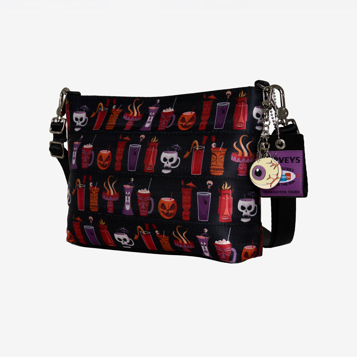 View of front and side of Medium Convertible Clutch Shag Spooky Tiki Cocktail