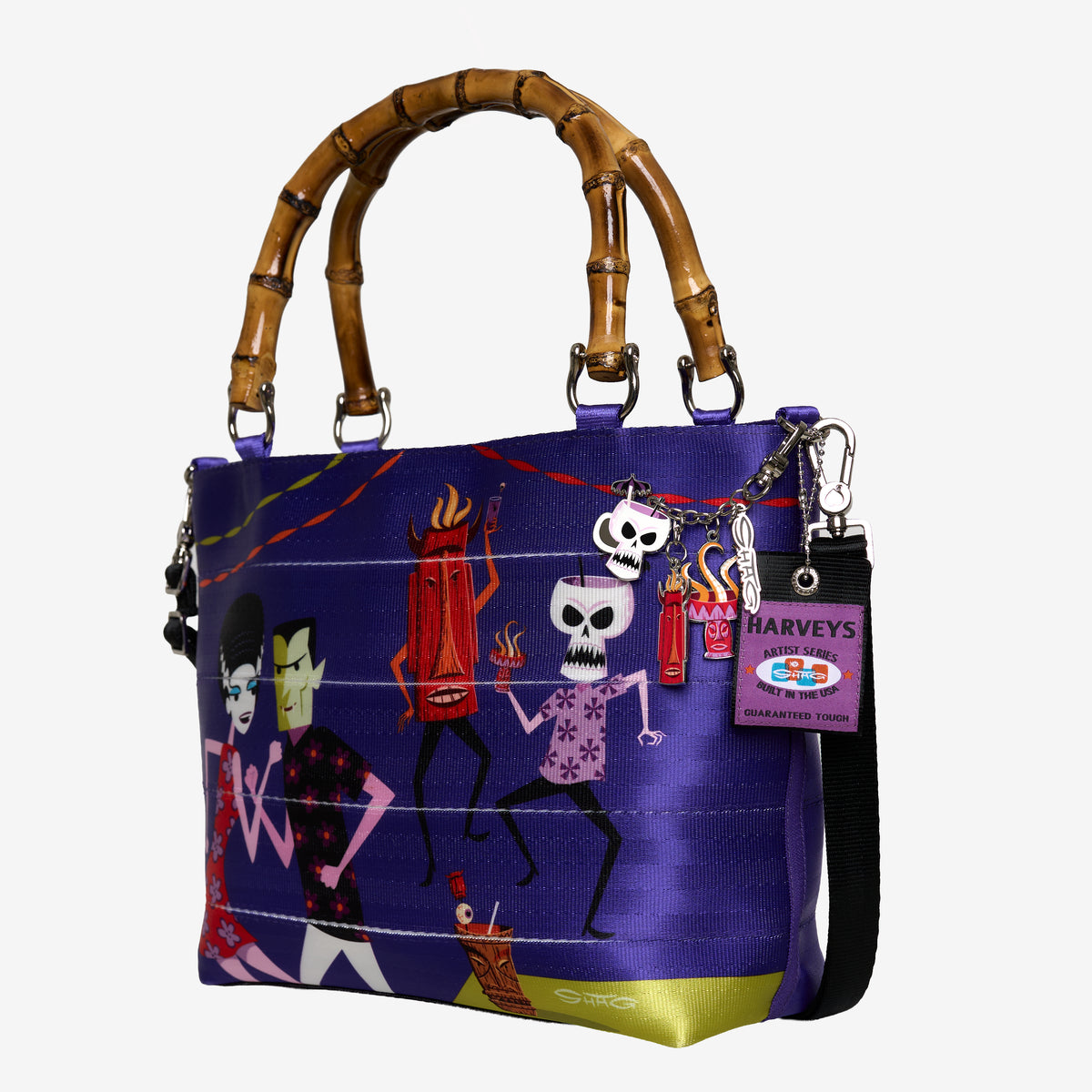 Front and side view of Mini Streamline Tote Shag Tiki Dance Party