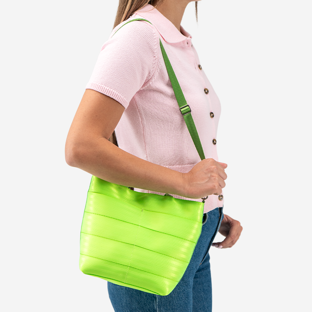 The Rosie Tote in Lime being worn by a model