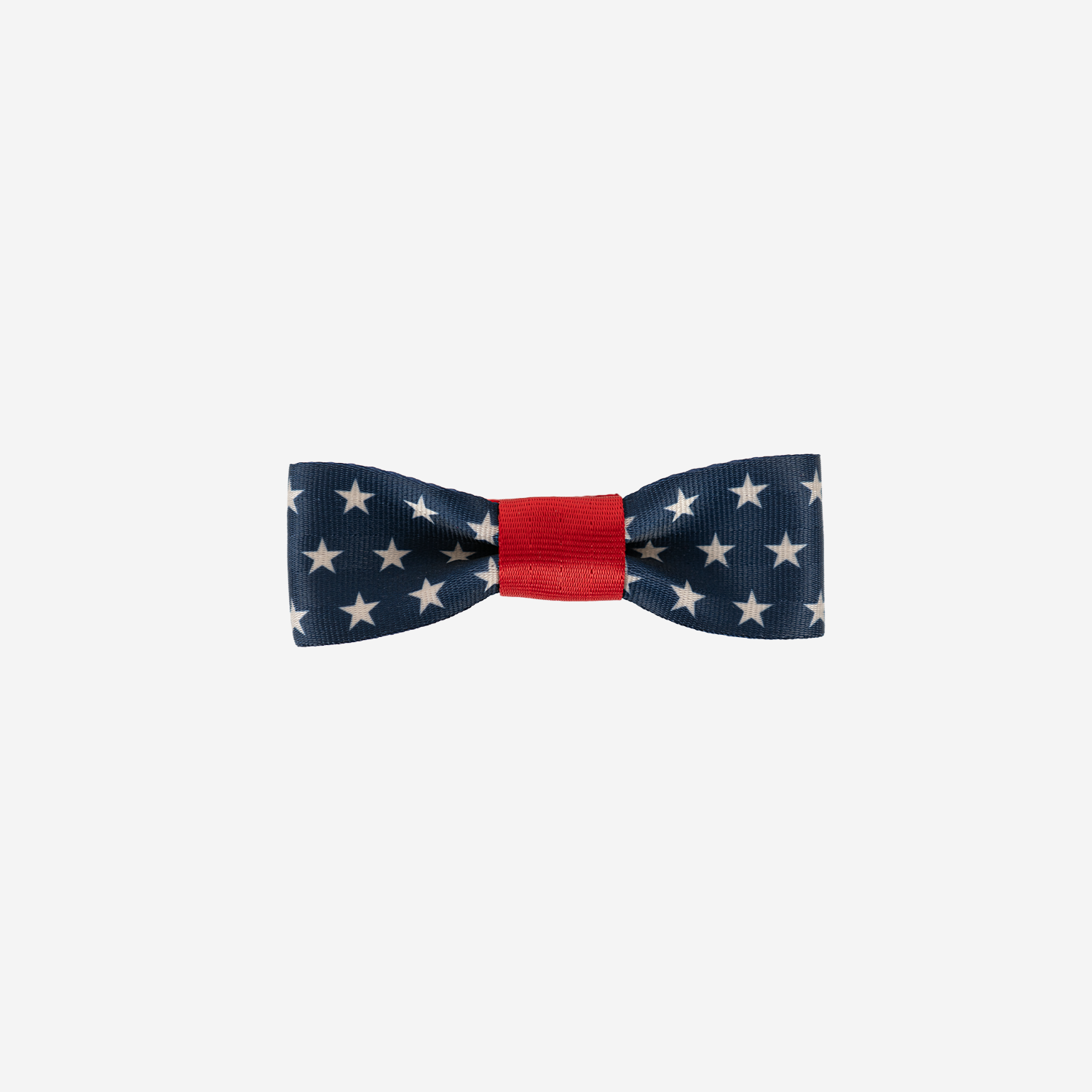 The front view of a Seatbelt Bow in Scarlet and Stars