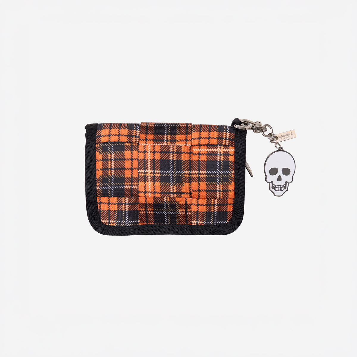 Front view of woven fun size wallet in Orange Tartan showing skull charm