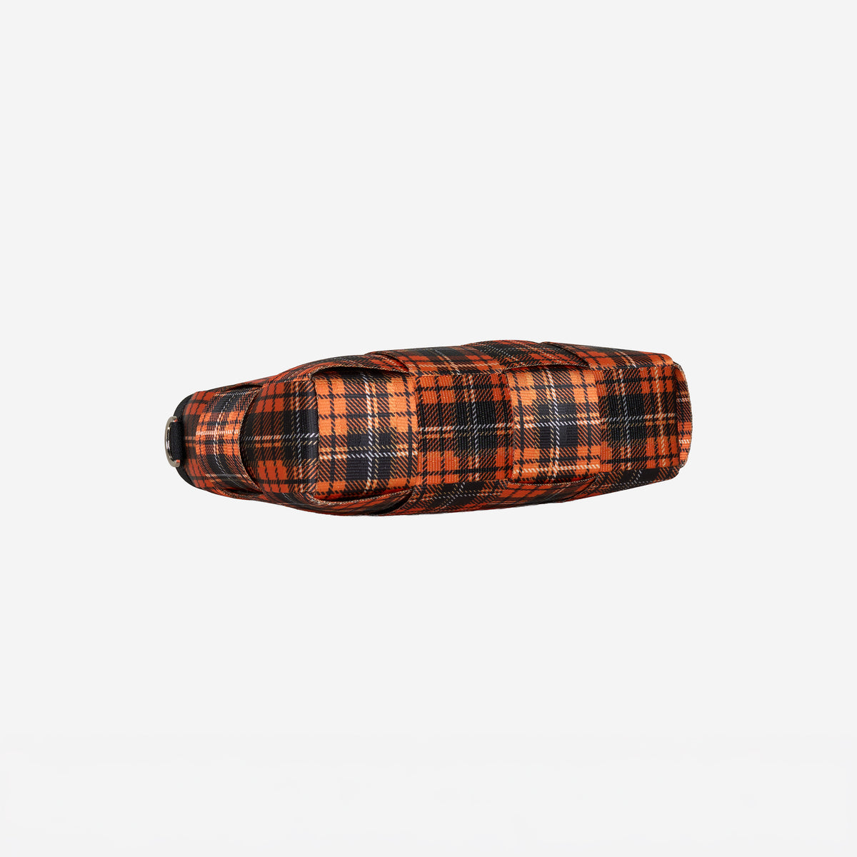 Bottom view of woven petite tote in orange tartan