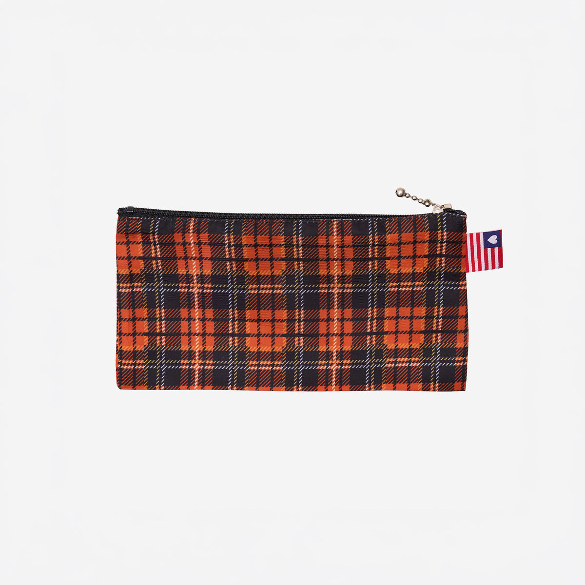 View of small Zip N' Go pouch in orange tartan