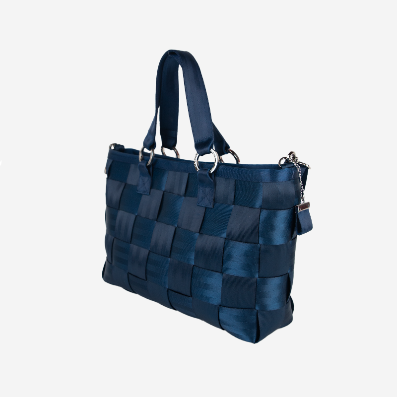 Side view indigo large carriage satchel
