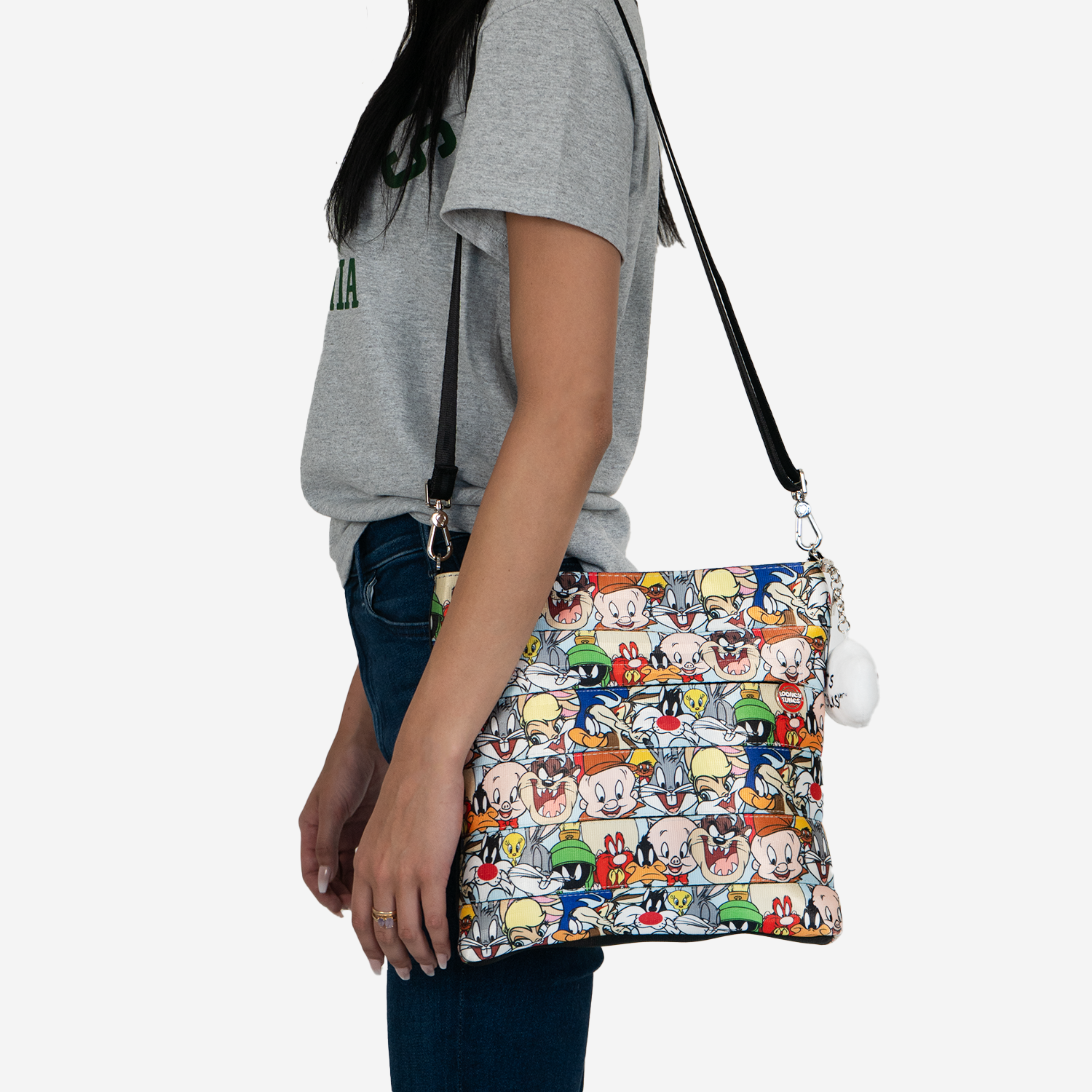 looney tunes streamline crossbody being worn on a model