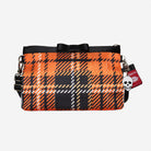 Front view of Bow Clutch in orange tartan 