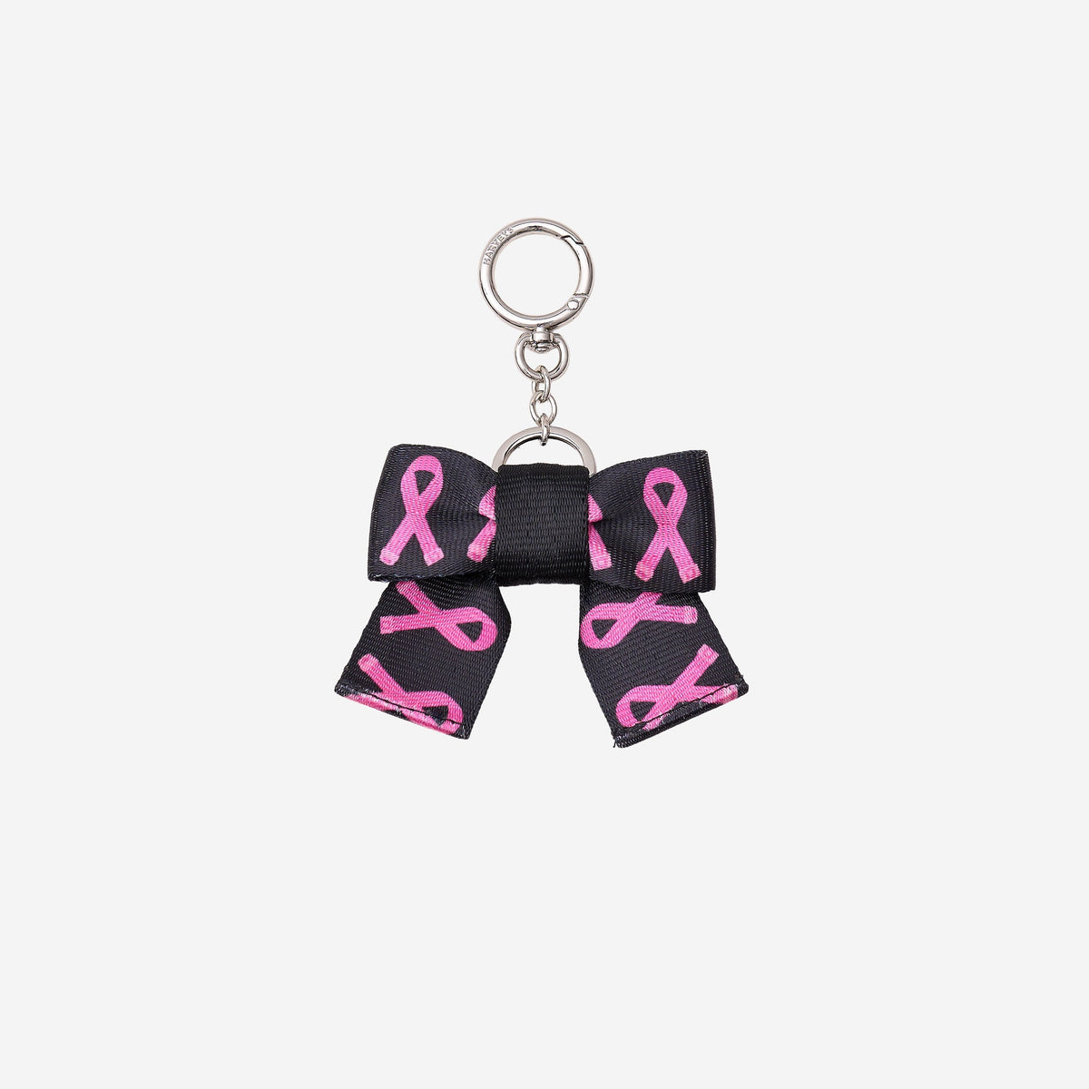 The front view of The Pink Agenda Pink Ribbon Bow Key Charm