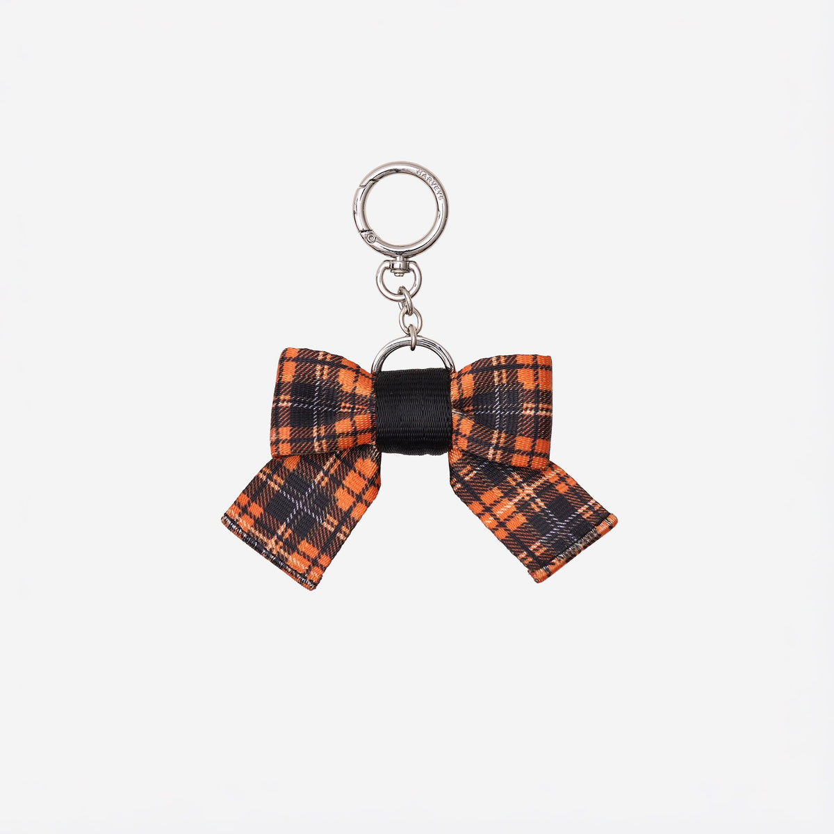 Front view of Bow Key Charm in Orange Tartan