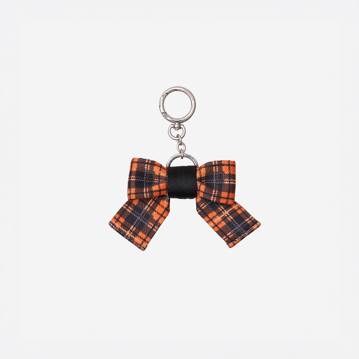 Front view of Bow Key Charm in Orange Tartan