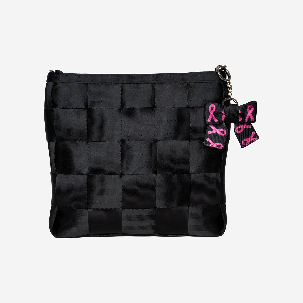 On bag view of The Pink Agenda Pink Ribbon Bow Key Charm