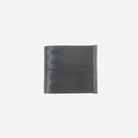 A dark gray billfold wallet made seatbelt, shown closed on a solid light gray background.