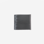 A dark gray billfold wallet made seatbelt, shown closed on a solid light gray background.