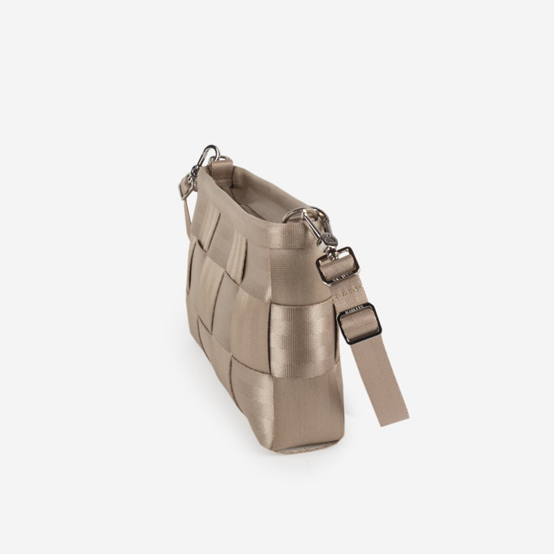 side view champagne convertible clutch
