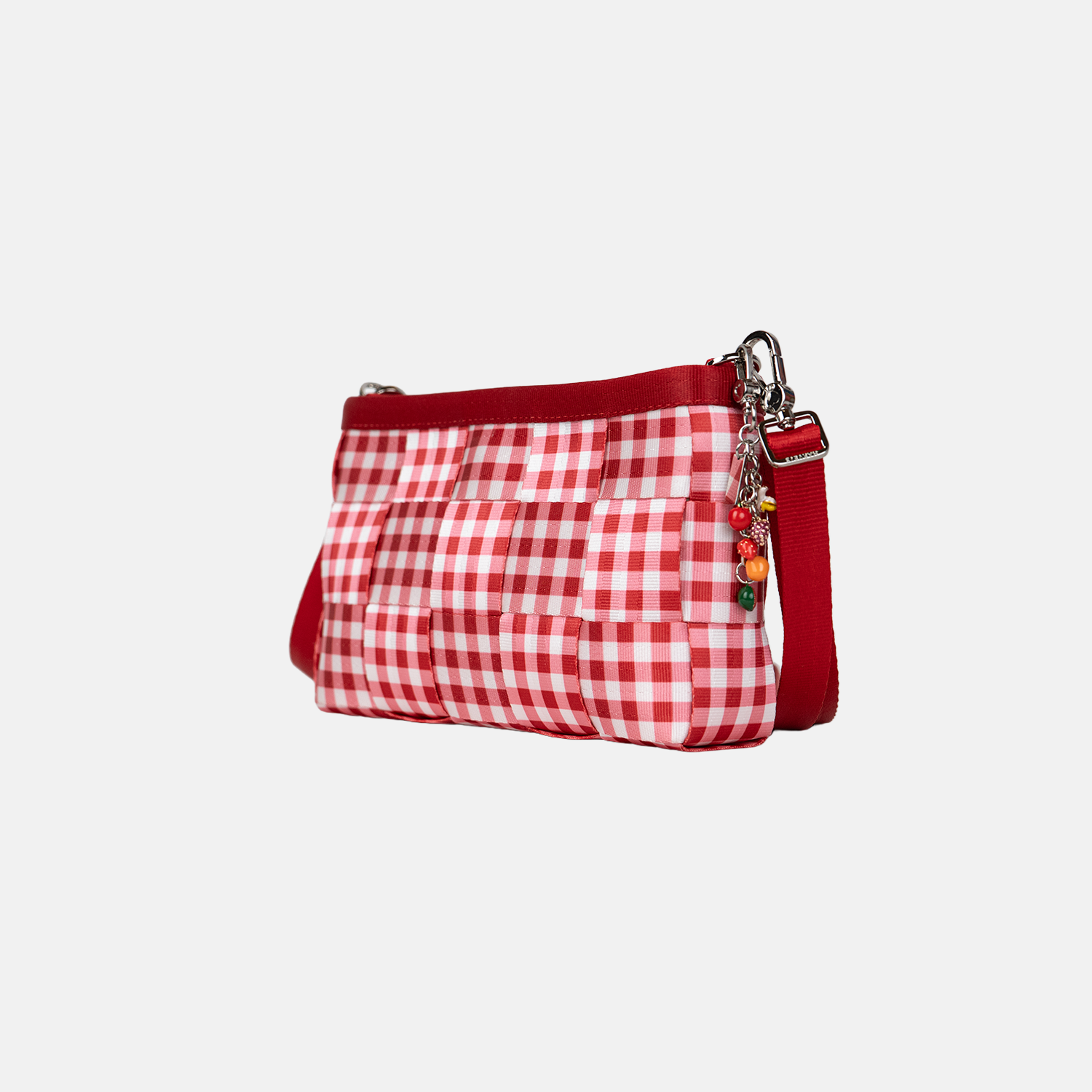 Side view of a Red Gingham Convertible Clutch