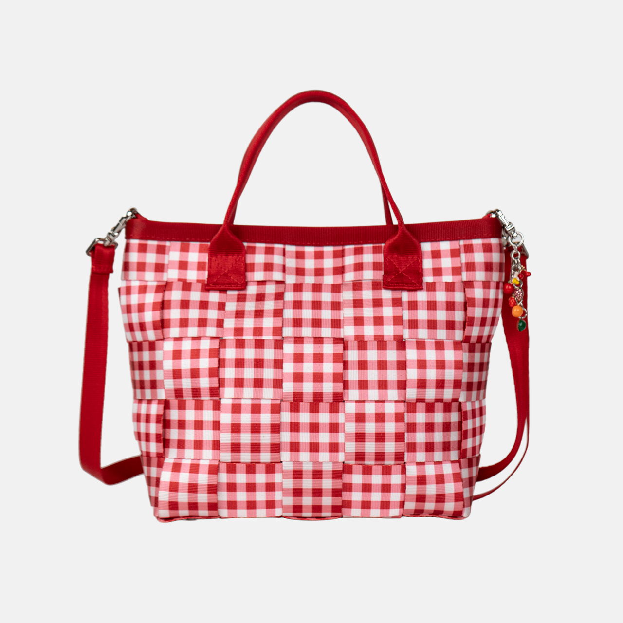 Front view of a Red Gingham Crossbody Tote