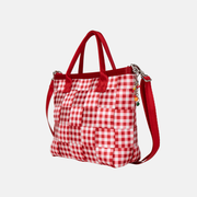 Side view of a Red Gingham Crossbody Tote