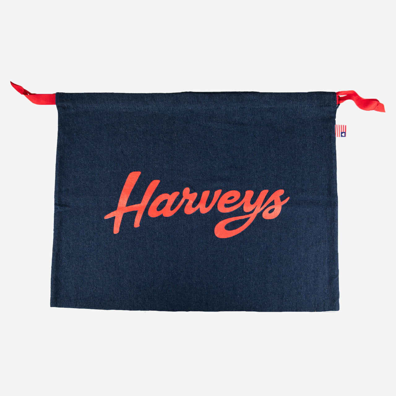 Denim Dustbag with harveys printed on the front in red