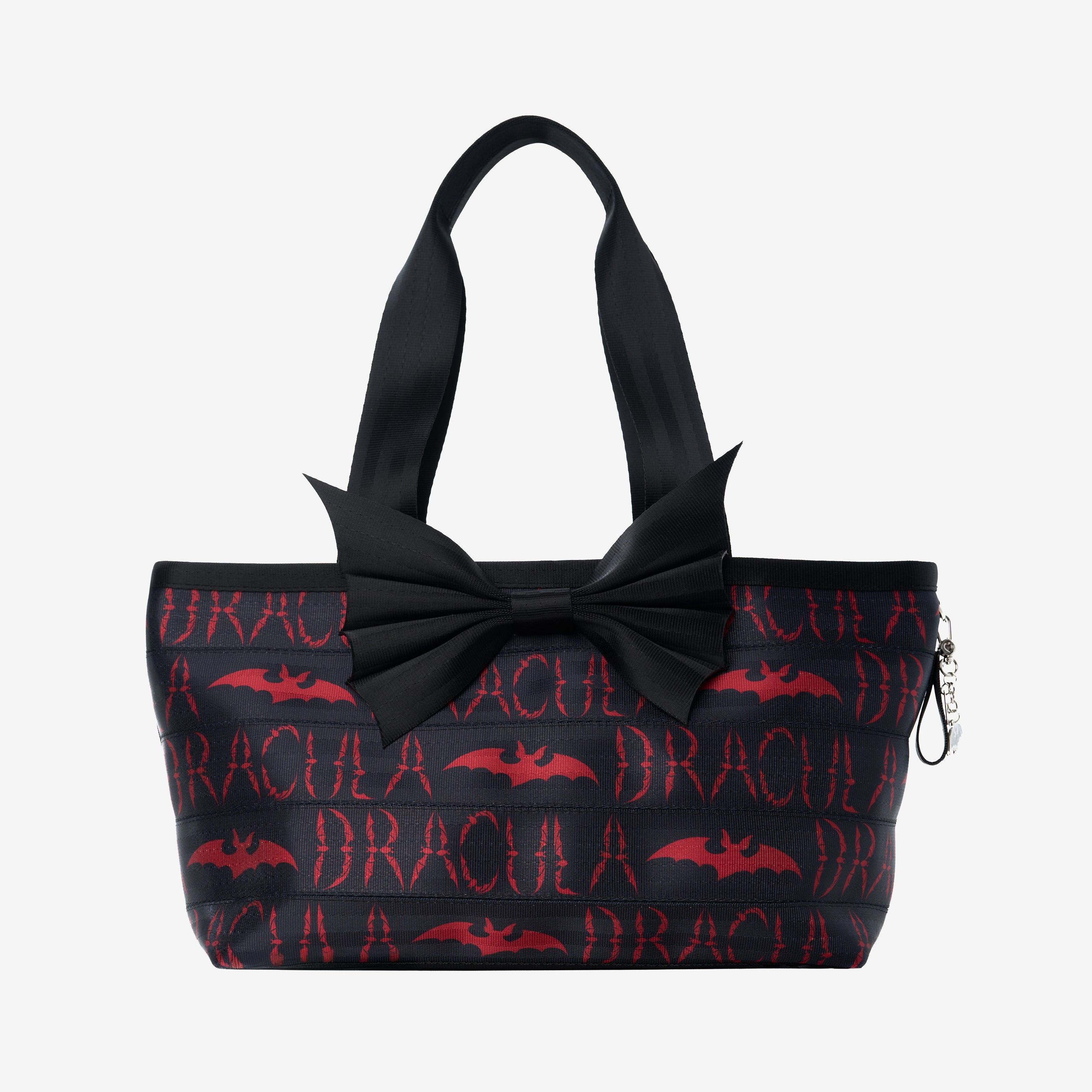Front of large bat tote with red Dracula lettering