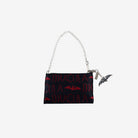 Front view of black coin purse with red lettering and red bat design and silver bat charm