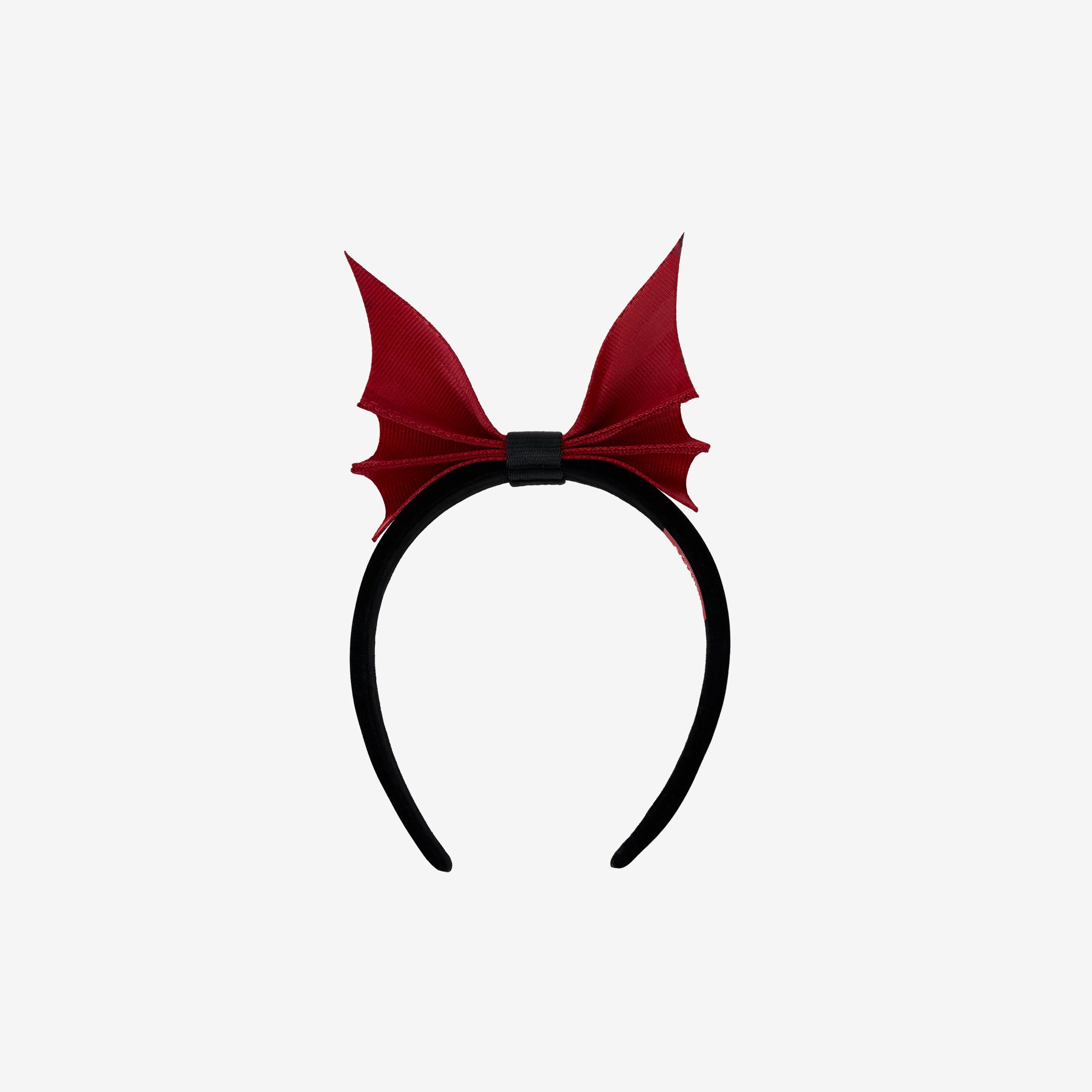 back view of black headband with scarlet bat shaped bow
