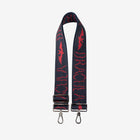 Front view of black strap with red lettering and red bat design