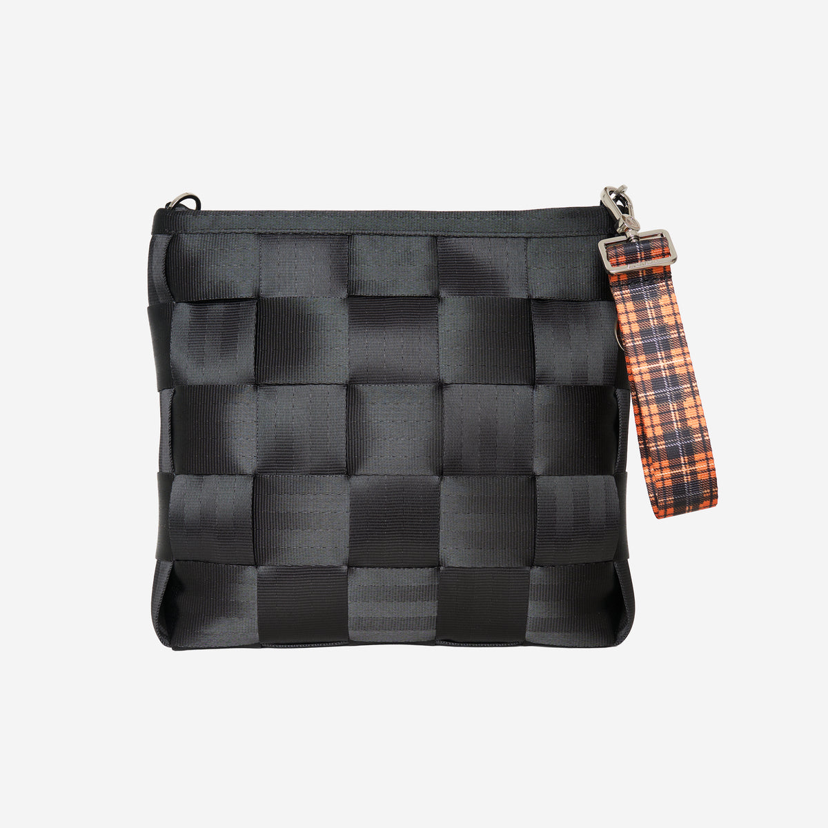 View of 4 panel key chain in orange tartan attached to black mini messenger