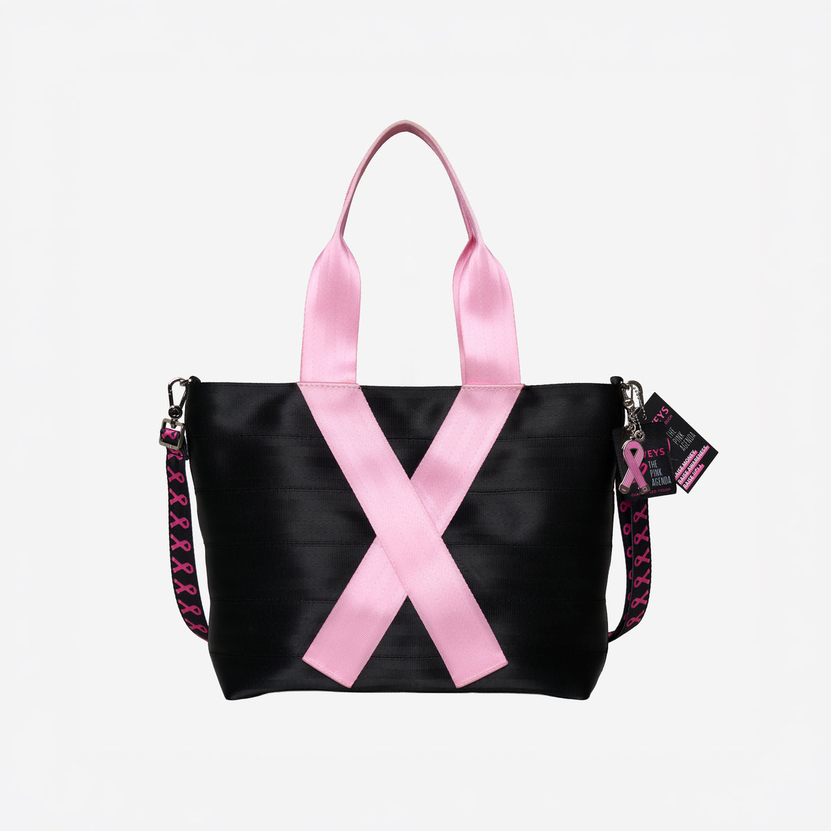 The front view of The Pink Agenda Pink Ribbon Medium Streamline Tote