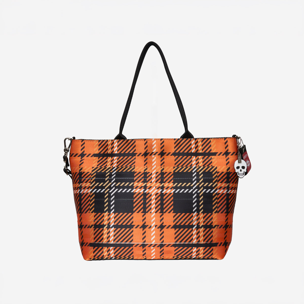 Front view of Medium Streamline Tote in orange tartan