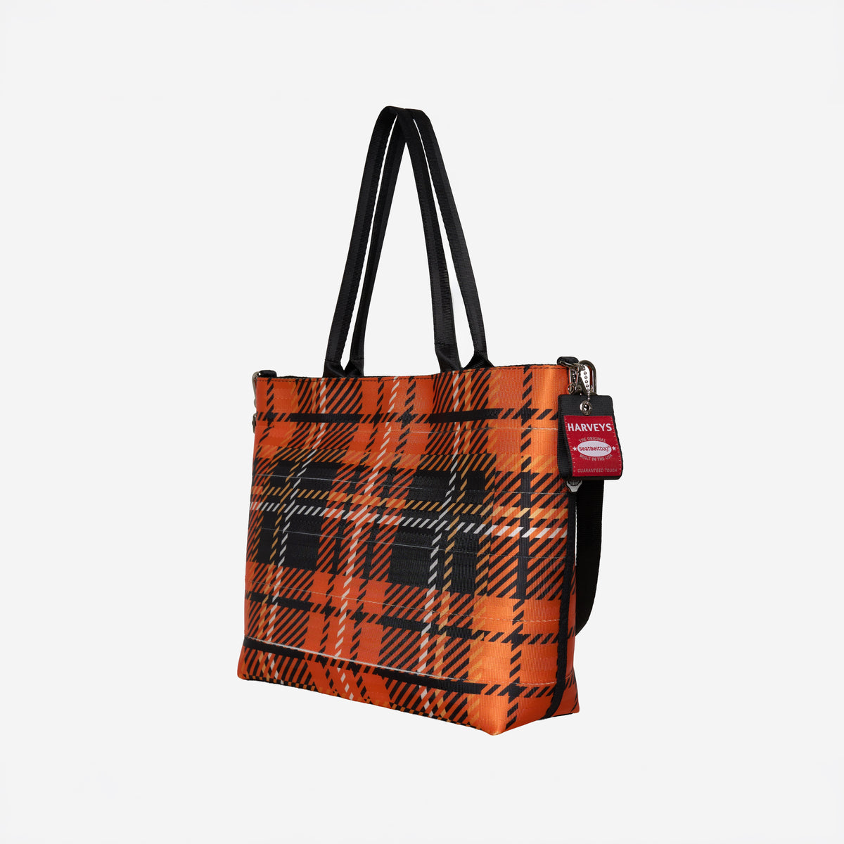 Front/side view of Medium Streamline Tote in orange tartan