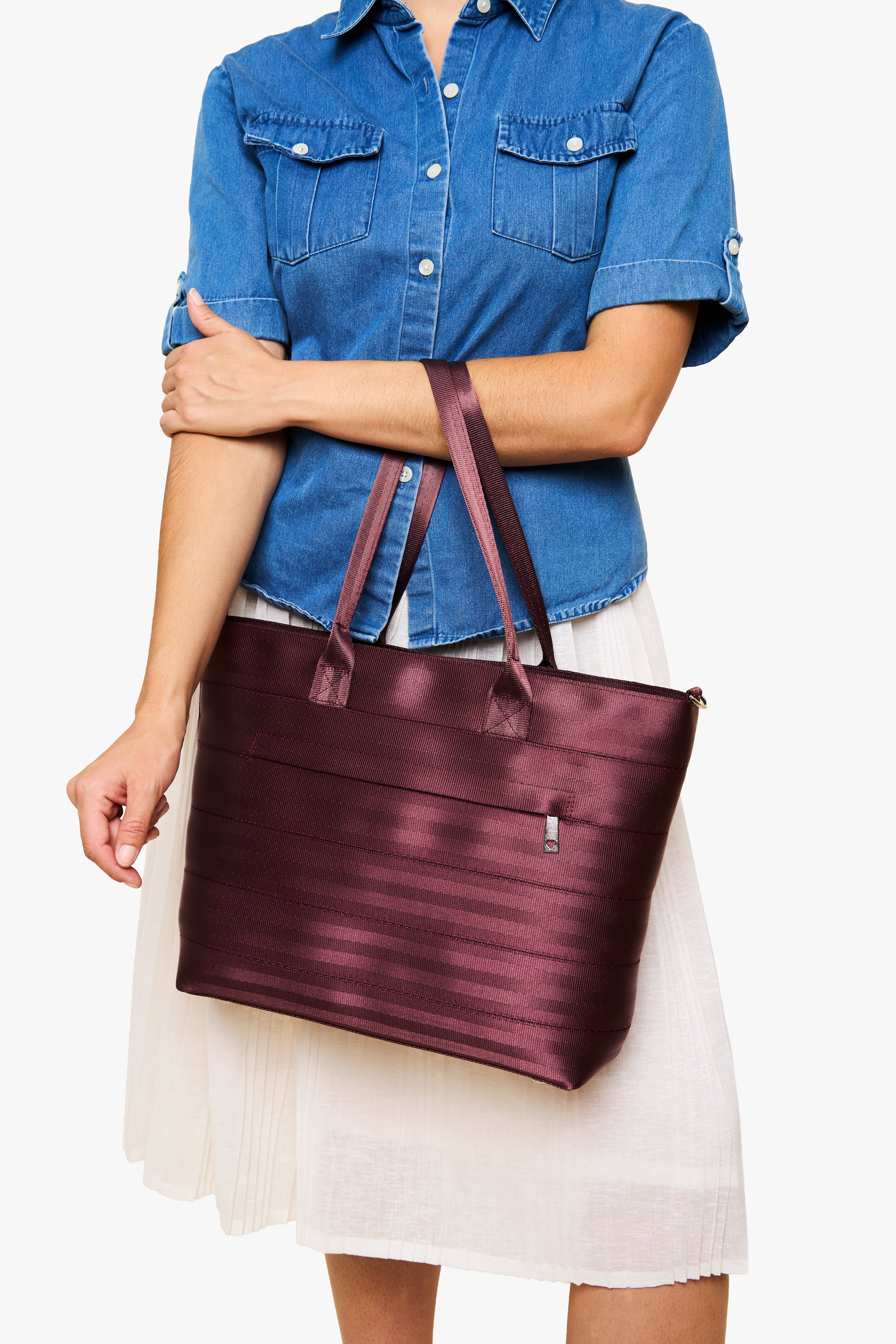 Medium Streamline Tote Merlot on Model