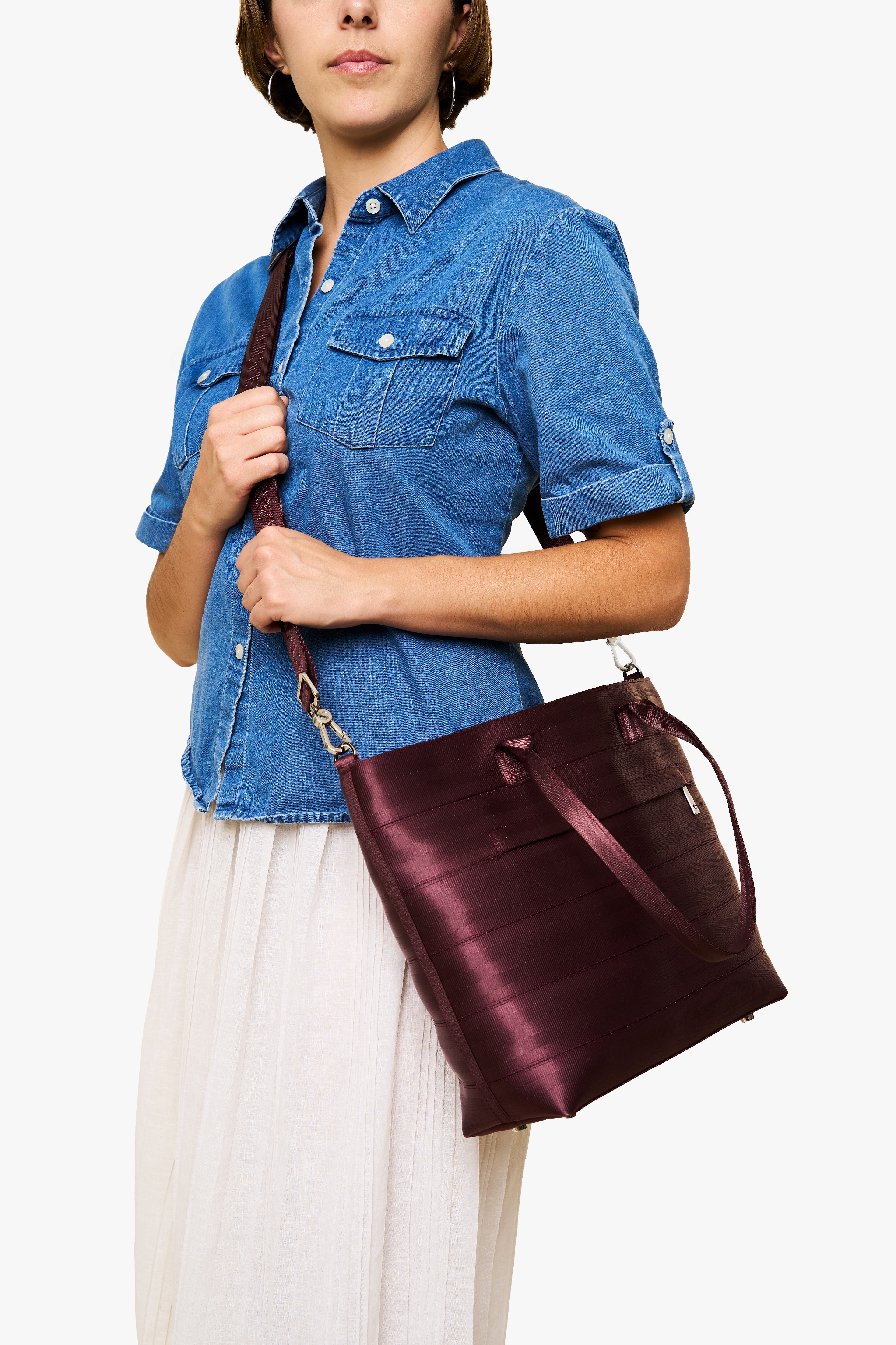 Medium Streamline Tote Merlot Crossbody Side View on Model