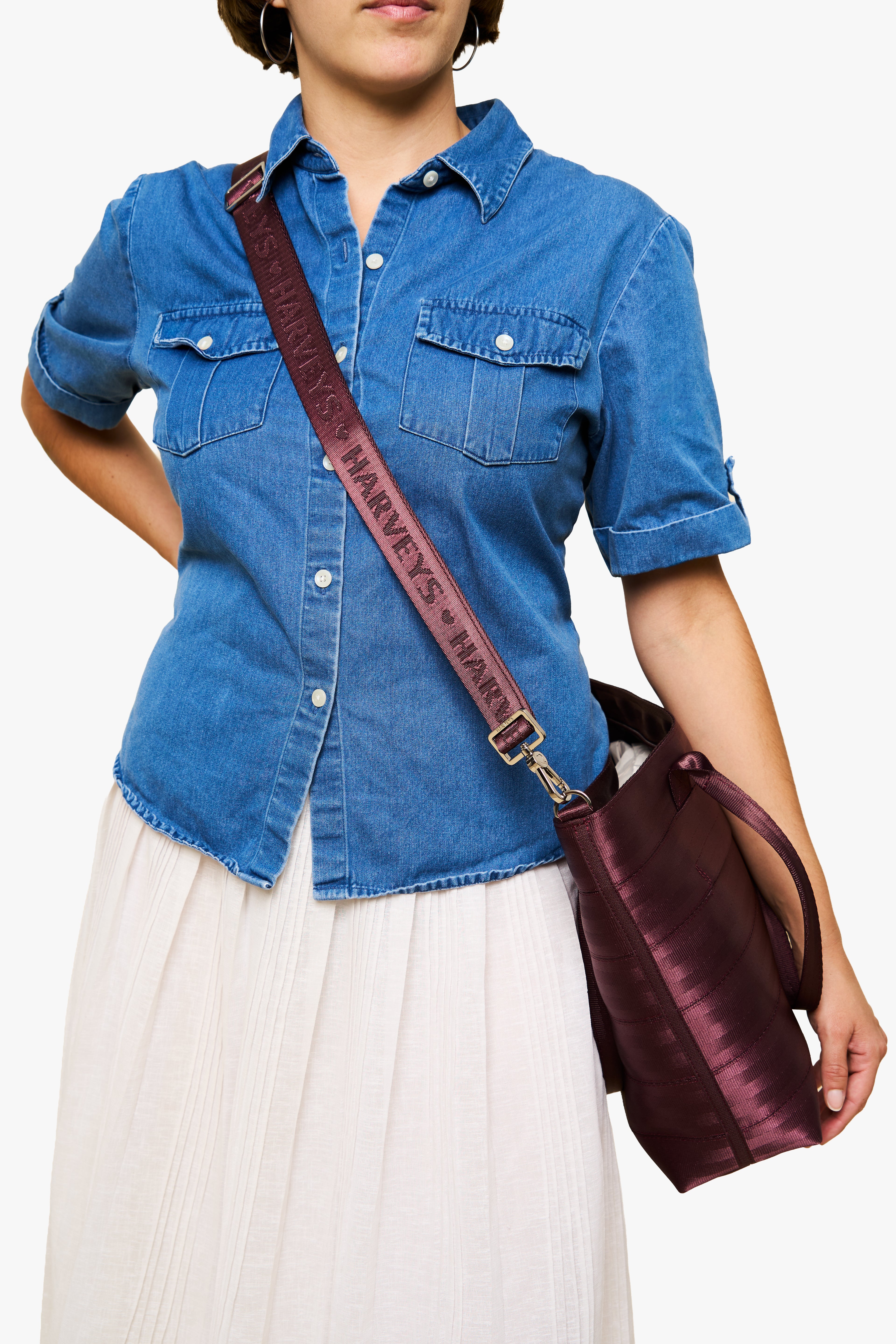 Medium Streamline Tote Merlot Crossbody on Model