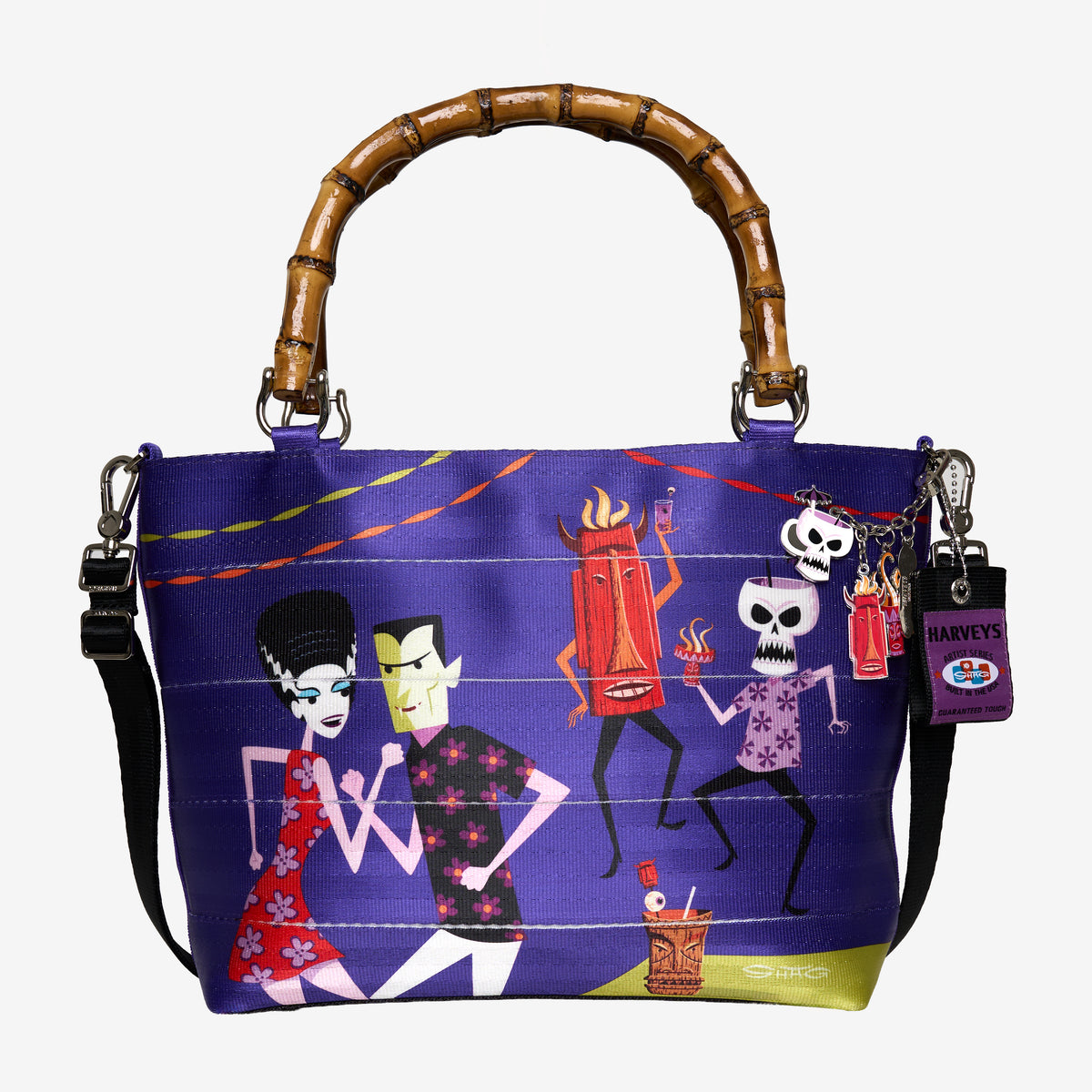 Front view of Mini Streamline Tote Shag Tiki Dance Party