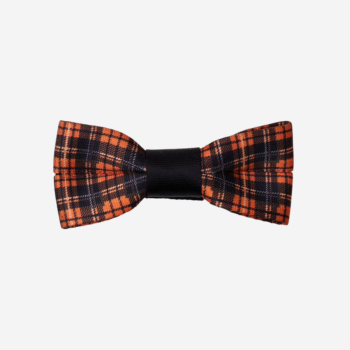 Front view of seatbelt bow in orange tartan