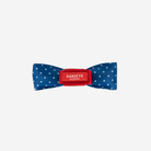 The back view of a Seatbelt Bow in Scarlet and Blue Dottie