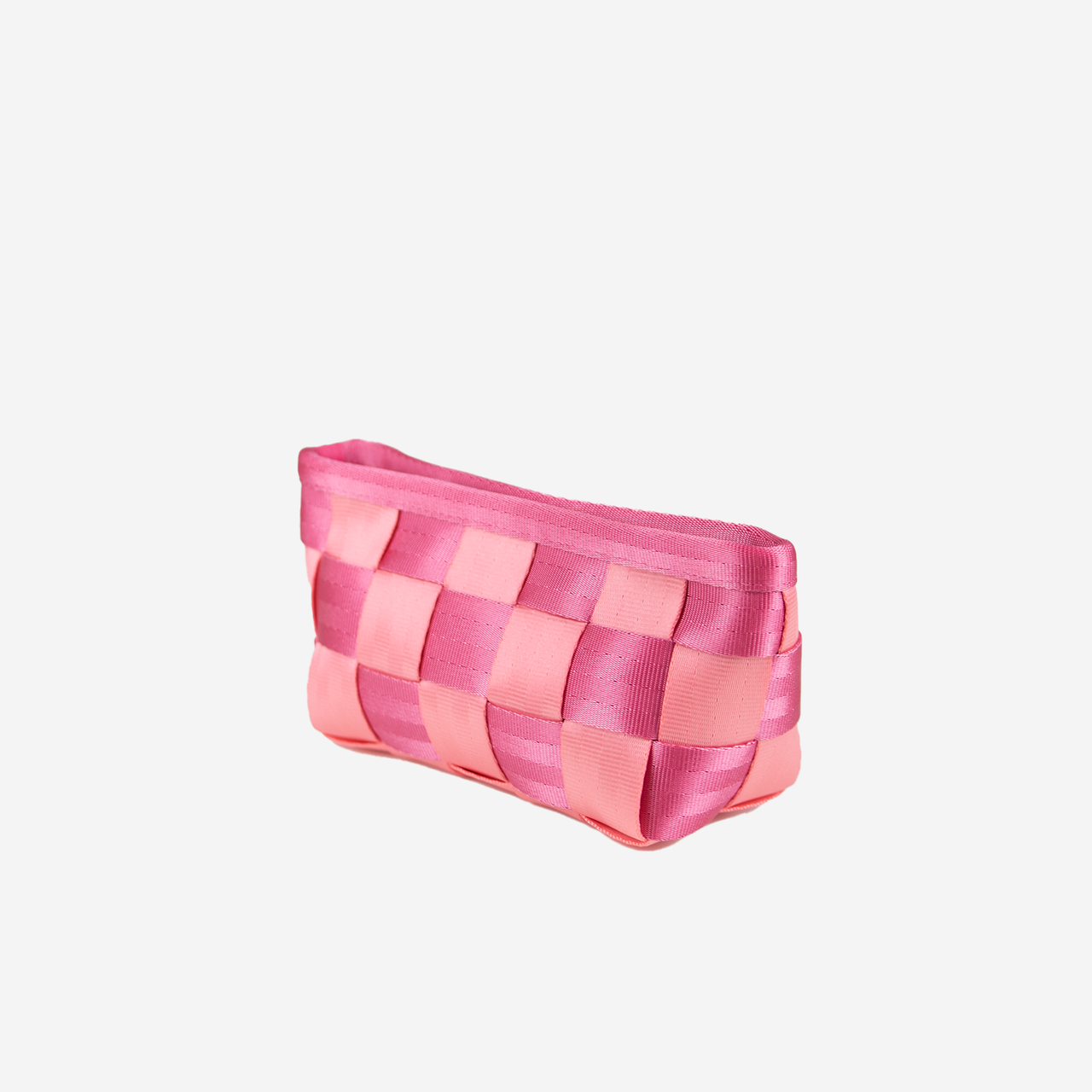 Side view of a Triangle Makeup Case in the colorway Cotton Candy + Fuchsia