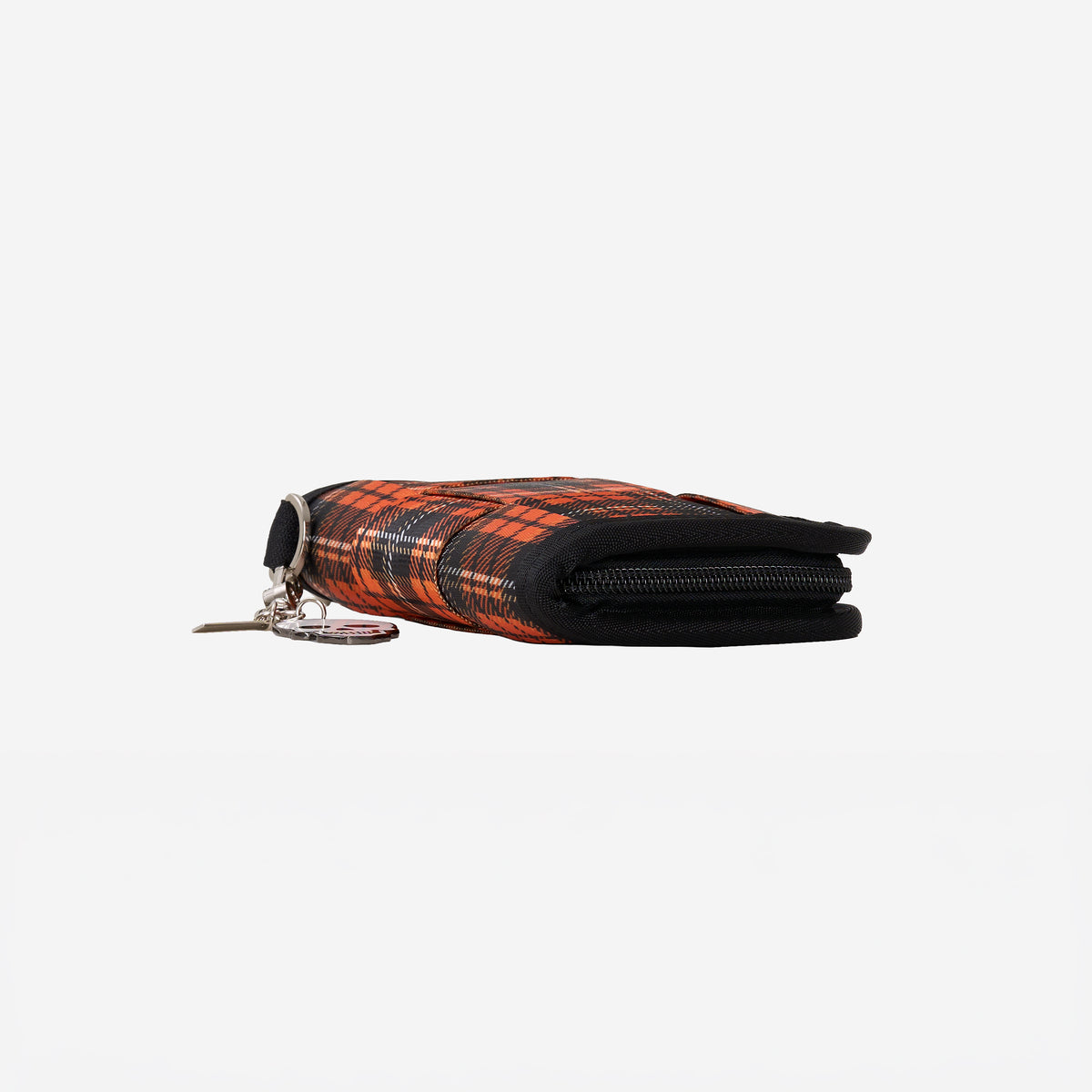 Side view of woven fun size wallet in Orange Tartan