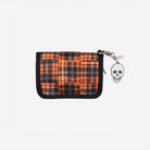Front view of woven fun size wallet in Orange Tartan showing skull charm