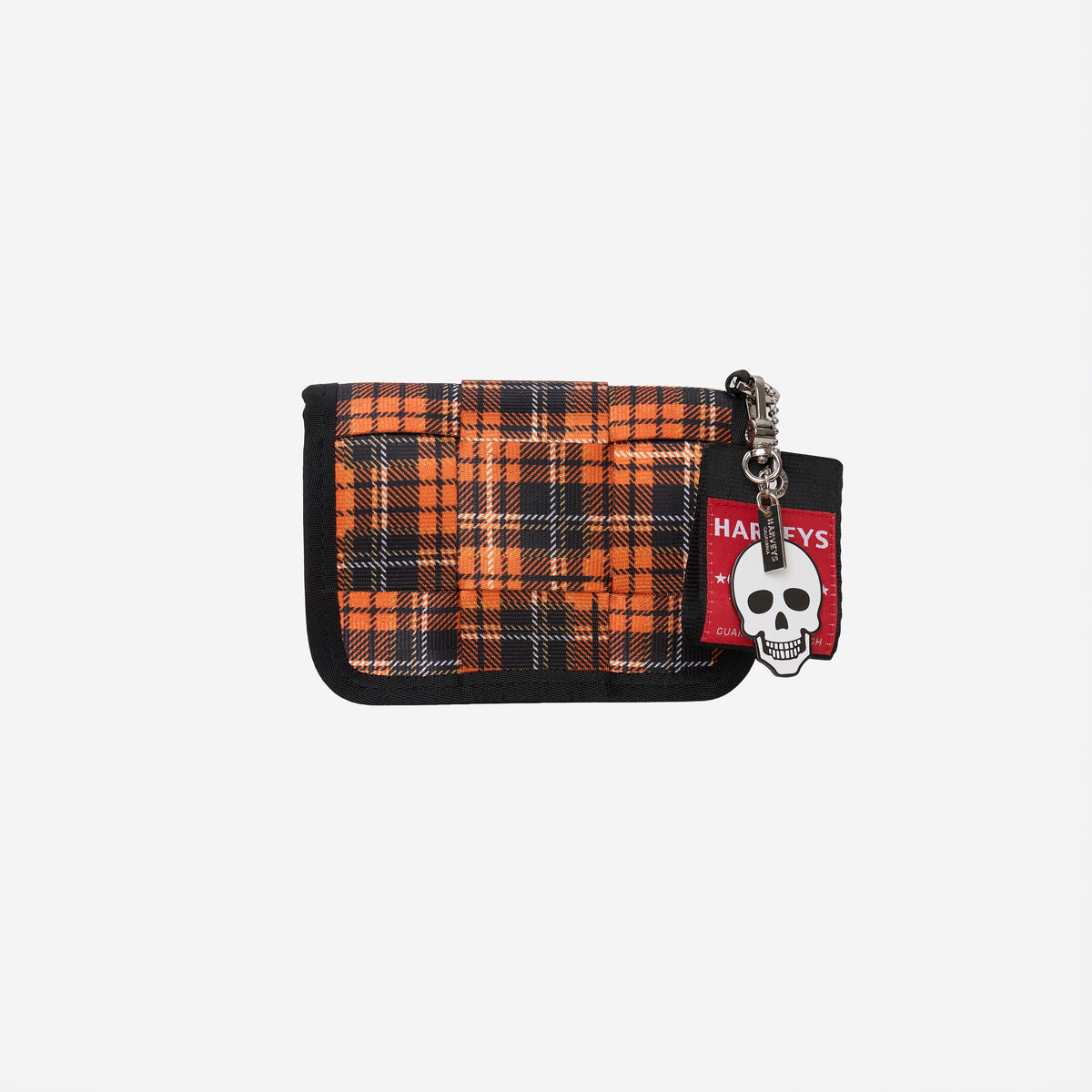 Front view of woven fun size wallet in Orange Tartan