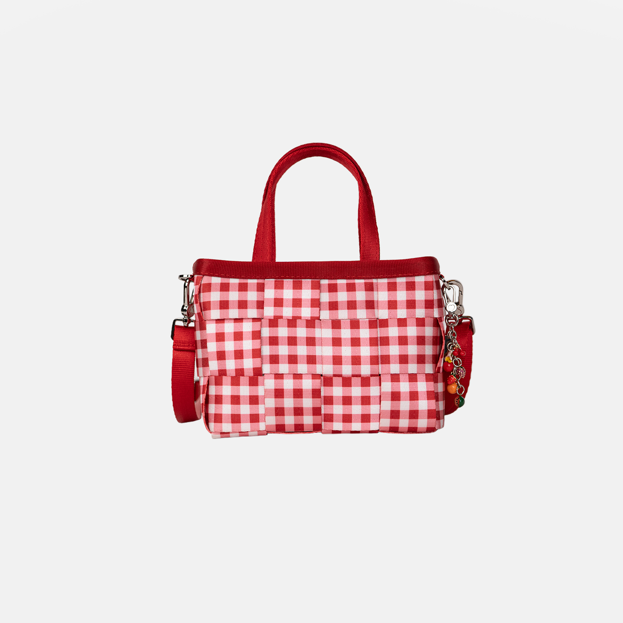 Front view of a Red Gingham Woven Petite Tote