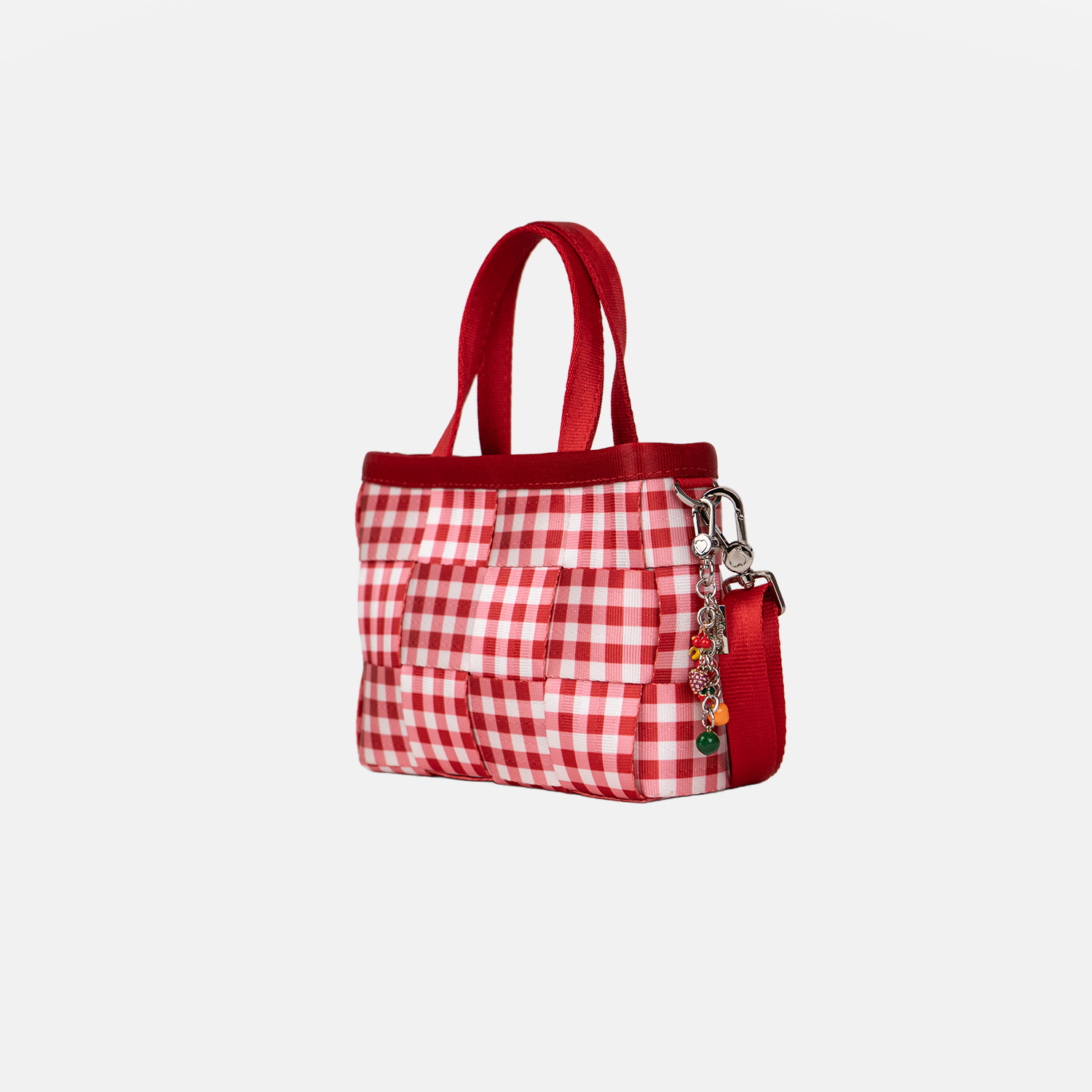 Side view of a Red Gingham Woven Petite Tote