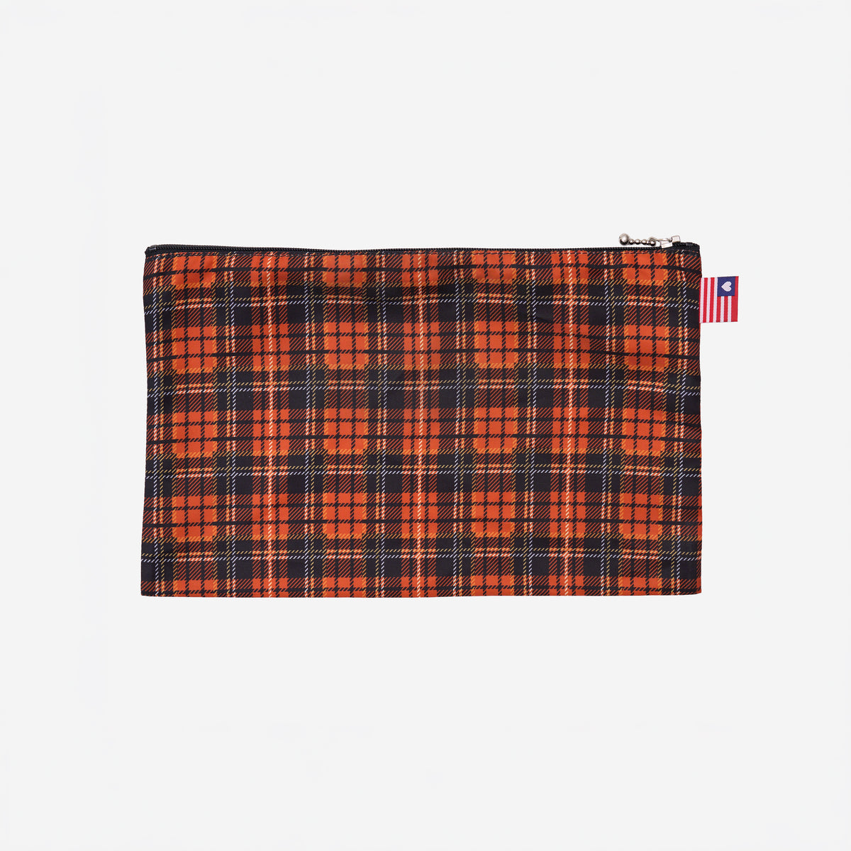 View of large Zip N' Go pouch in orange tartan 