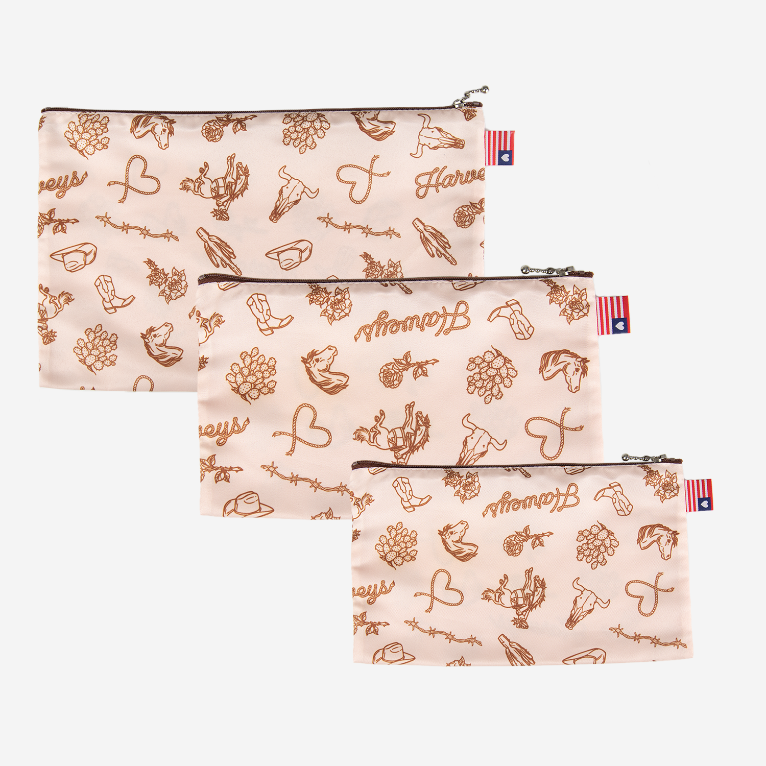 View of all 3 zip n gos in the cowgirl print