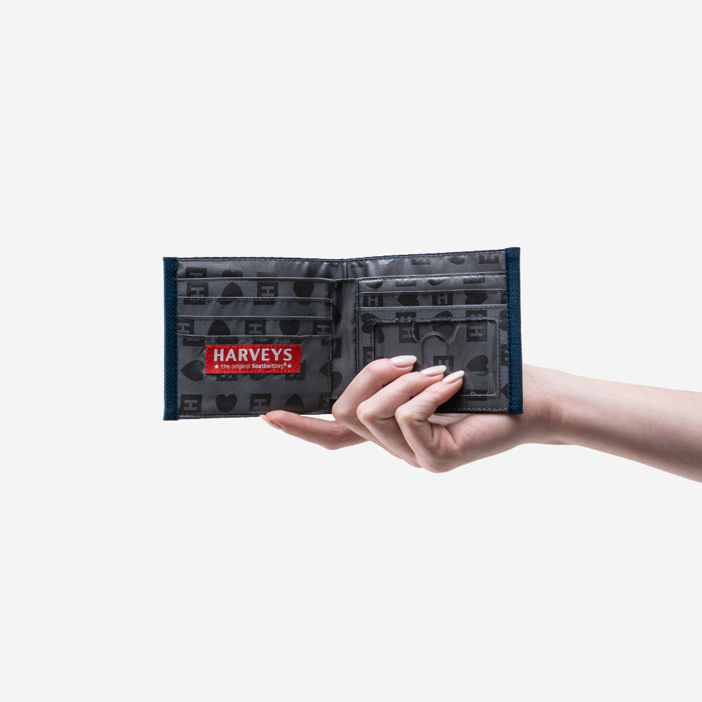 A Billfold in Indigo being held in a models hand